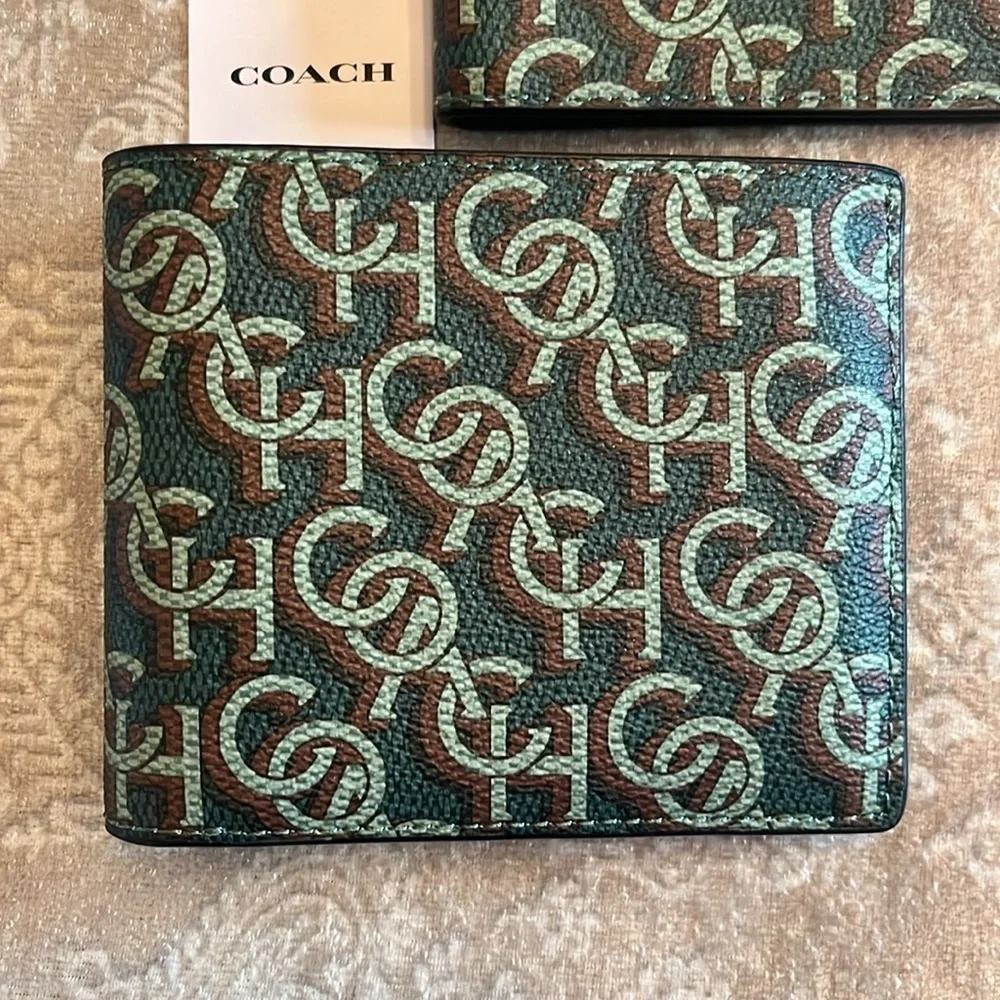 Brand New Coach Genuine Leather 3 in 1 Monogram Amazon Green Wallet & ID Insert